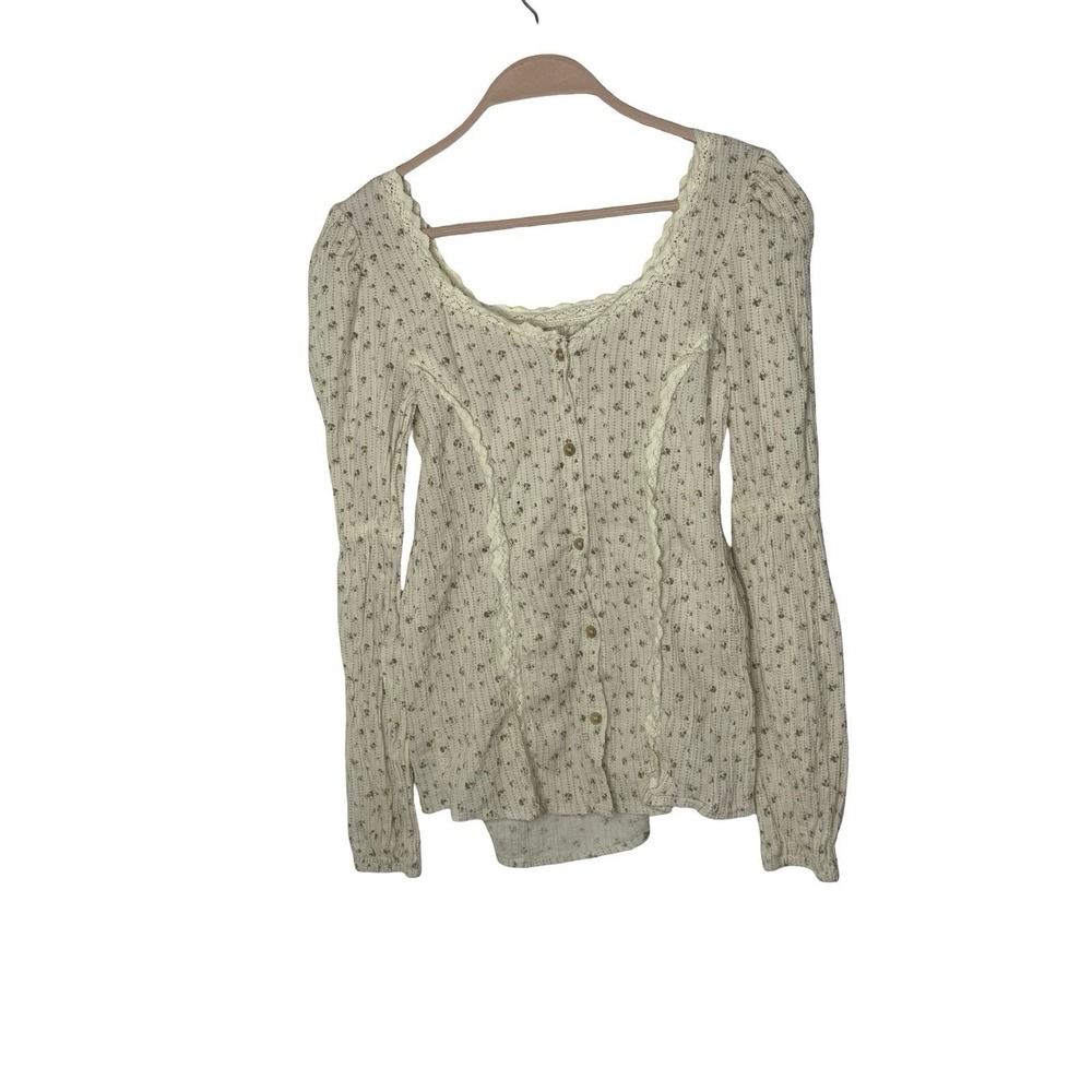 Style Nanda Button up lace trim floral blouse size F Large‎